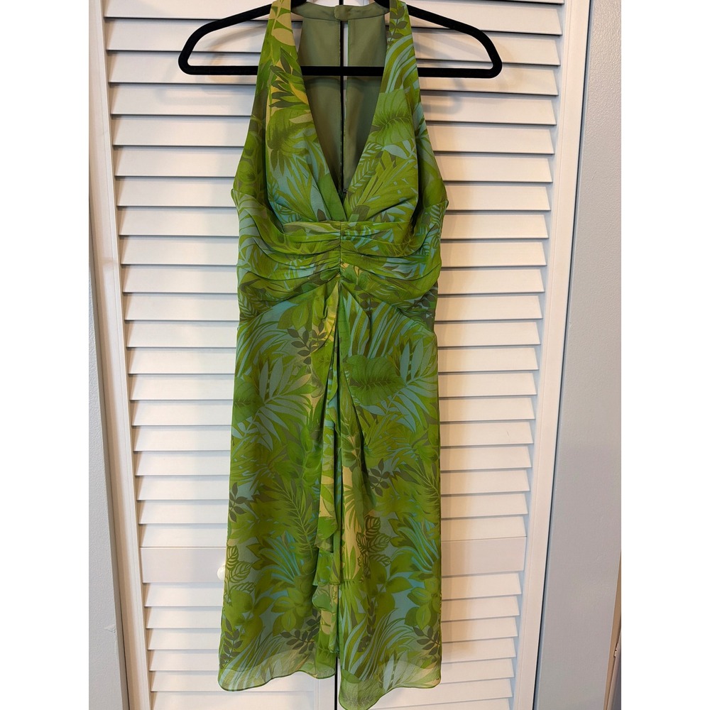 Kay Unger New York Green Tropical Palm Leaf 100% Silk Halter Dress Size 4